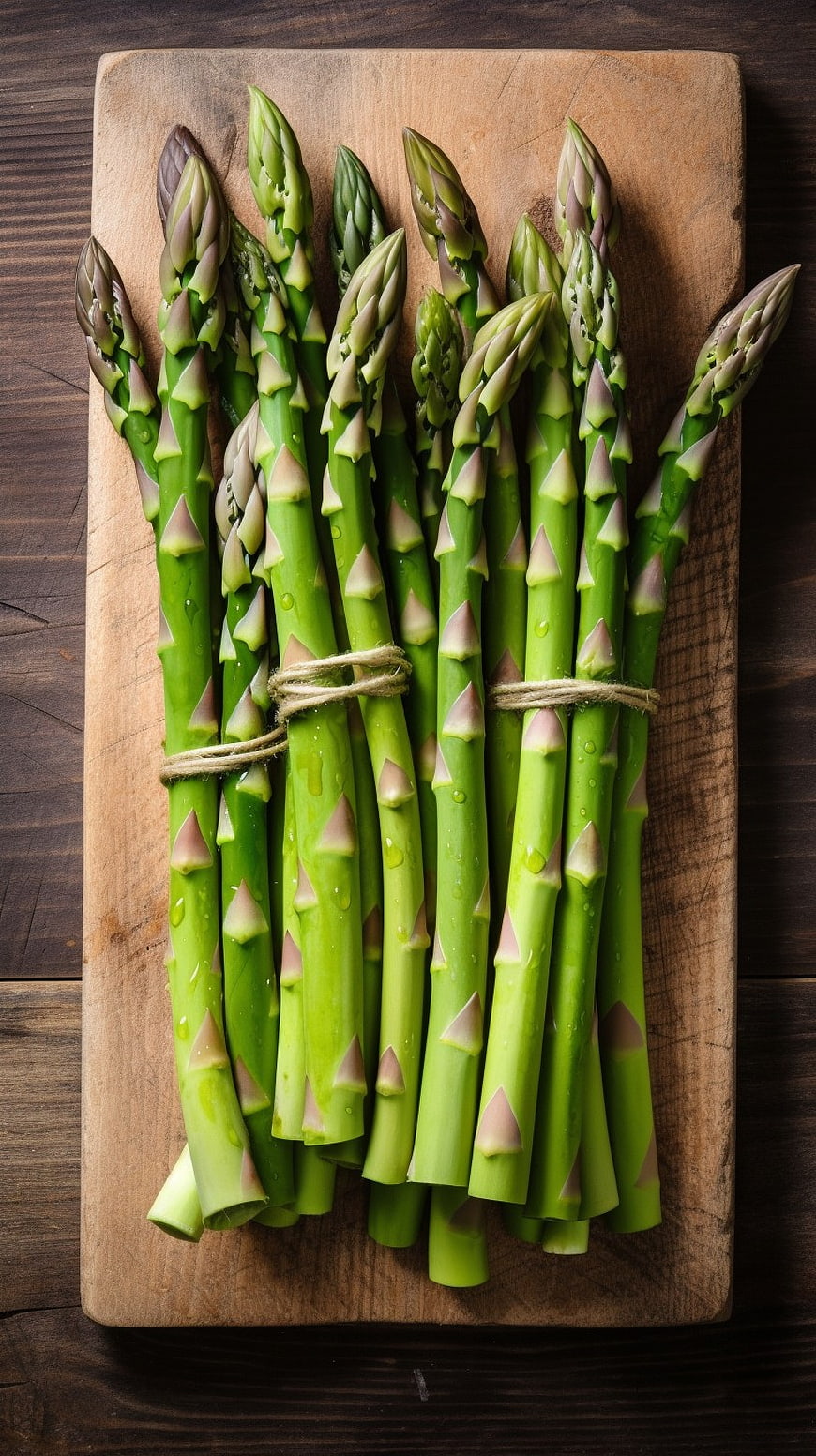 Fresh Green Asparagus Bunch on Wooden Cutting Board