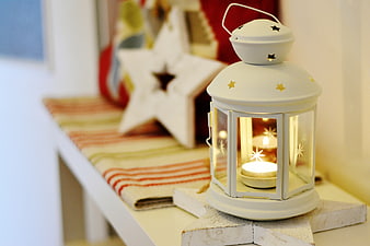 White Christmas Lantern with Tea Light and Star Decorations