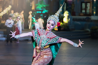 Thai Traditional Dancer in Elaborate Costume Performing