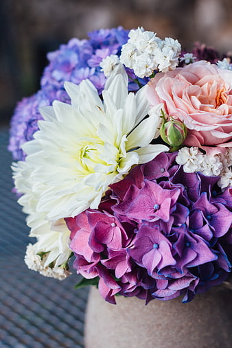 Close-up of colorful hydrangea and dahlia bouquet