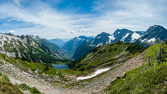 Panoramic Alpine Landscape with Snow-Capped Peaks and Mountain Lake