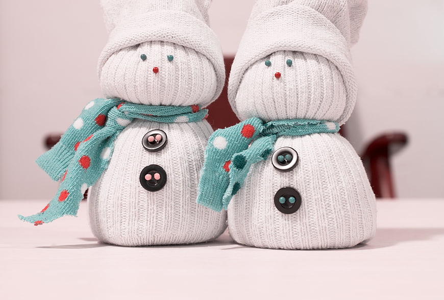 Cute Knitted Snowman Ornaments with Teal Scarves and Buttons