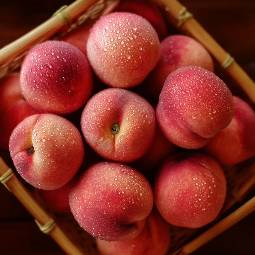 Fresh Ripe Peaches with Water Droplets in Wicker Basket