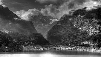 Dramatic Black and White Mountain Lake Landscape
