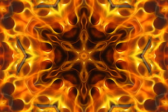 Abstract fiery kaleidoscope pattern with glowing orange and gold geometric design