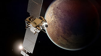 Satellite orbiting Mars with solar panels in space