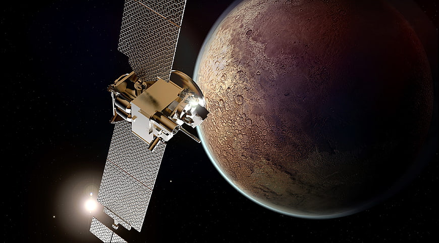 Satellite orbiting Mars with solar panels in space