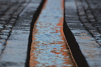 Abstract Close-Up of Wet Wood Planks with Orange Reflection