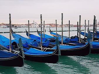 Blue Covered Gondolas Moored in Venice Canal