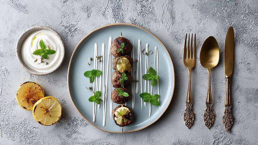 Top View Grilled Meat Skewers with Lemon and Mint