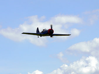 Vintage Yak Propeller Airplane Flying in Blue Sky