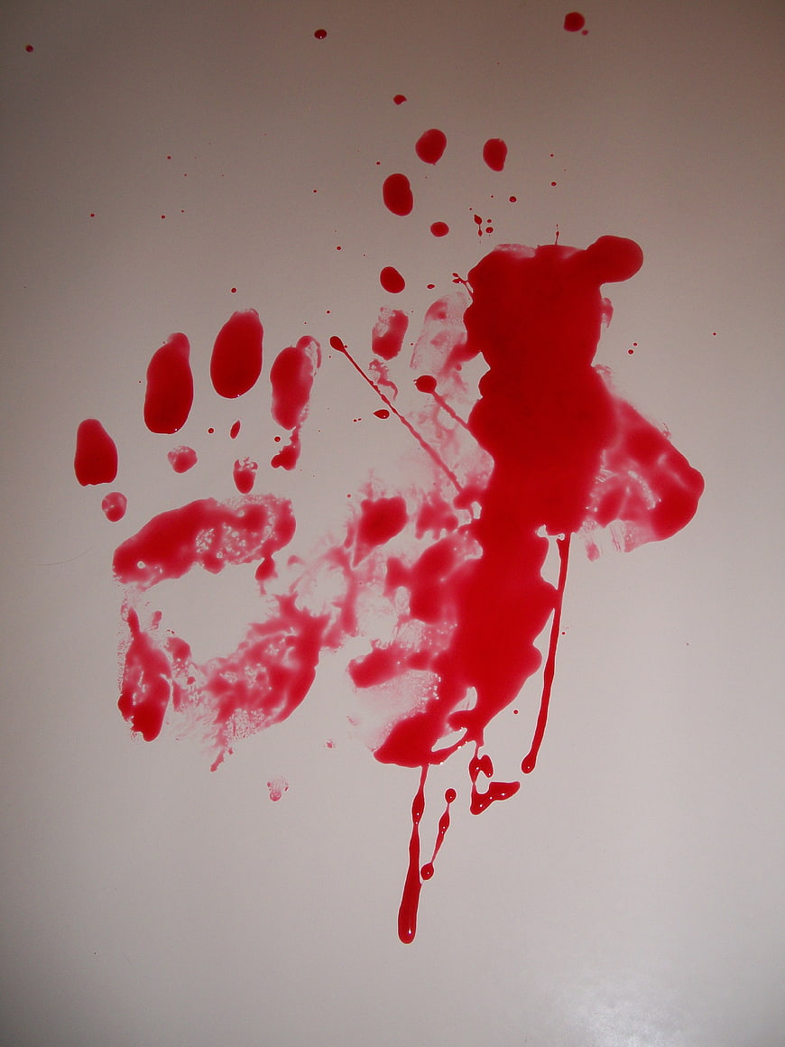 Red blood handprint and splatter on white background