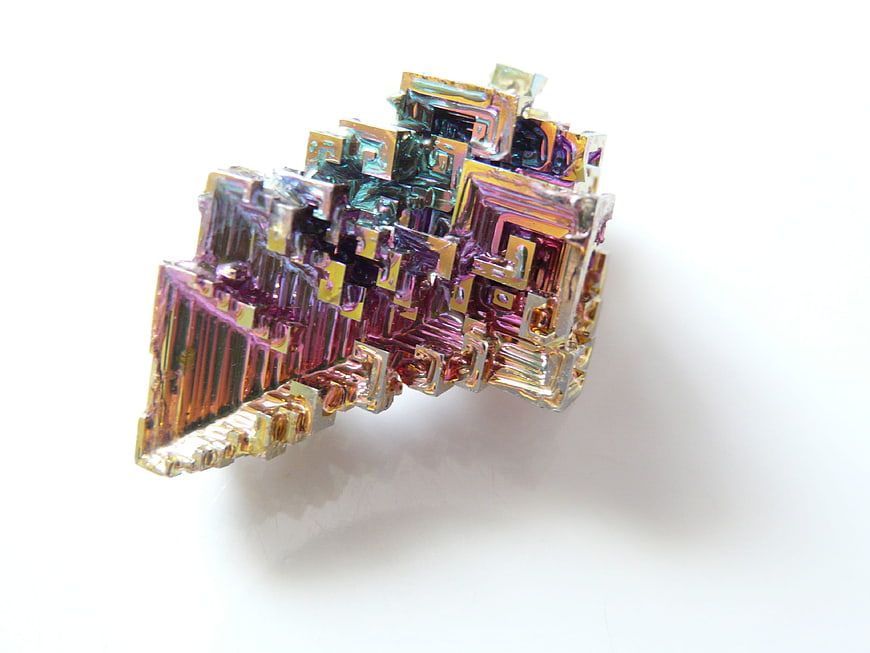 Iridescent Bismuth Crystal on White Background