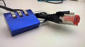 Blue combination padlock securing ethernet cable for data security