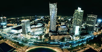 Aerial Night View of Warsaw City Center Skyscrapers