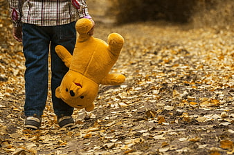 Child Walking with Yellow Teddy Bear in Autumn Leaves