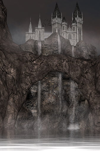 Dark Fantasy Castle on Cliff with Waterfall and Lake