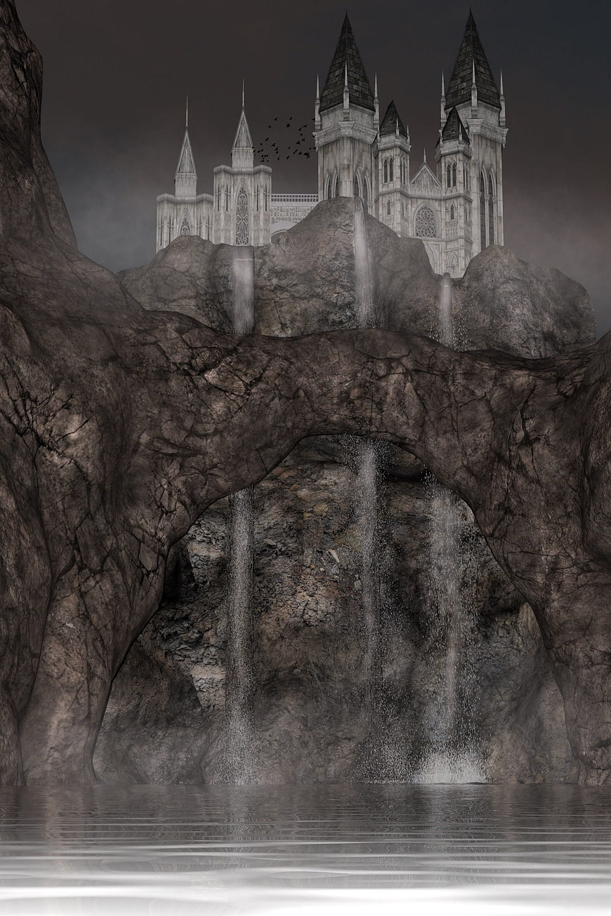 Dark Fantasy Castle on Cliff with Waterfall and Lake