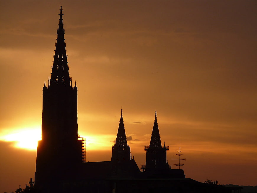 Silhouette of Gothic Cathedral Spires at Golden Sunset
