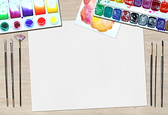 Watercolor Art Supplies Flat Lay With Blank Paper And Brushes