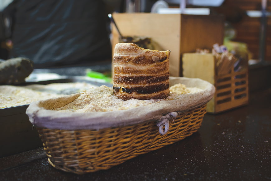 Traditional Czech Trdelnik Pastry in Wicker Basket
