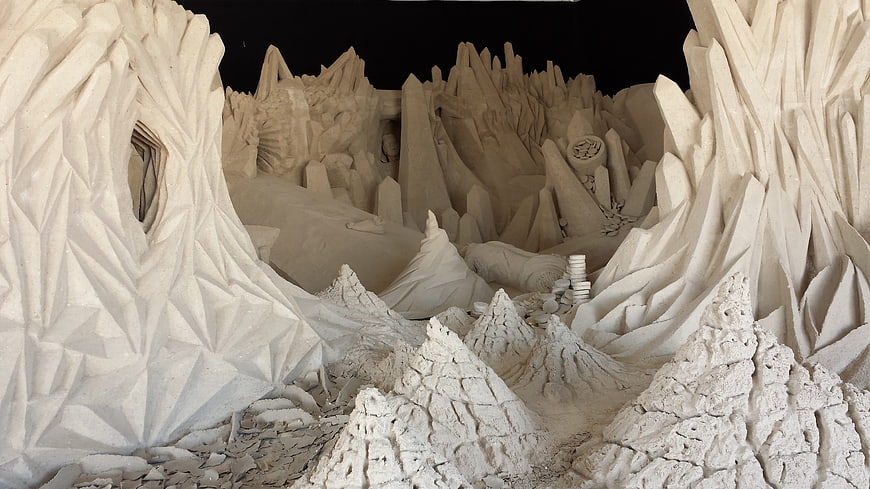 Abstract white sand sculpture landscape with mountains and textures
