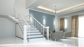 Modern Luxury Interior with White Staircase and Blue Accent Wall
