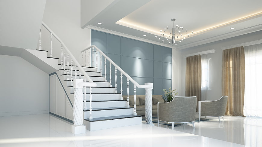 Modern Luxury Interior with White Staircase and Blue Accent Wall