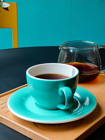 Turquoise Coffee Cup and Glass Server on Wooden Tray
