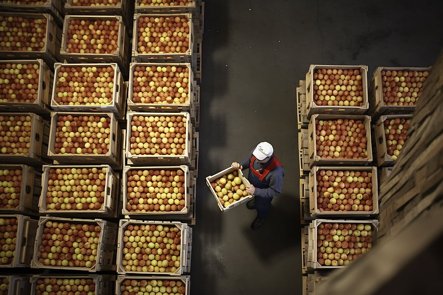 Top View of Worker Carrying Crate of Apples in Warehouse