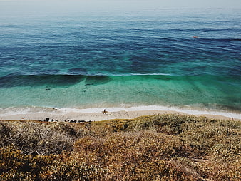 High Angle View of Surfer Walking on Sandy Beach with Turquoise Ocean