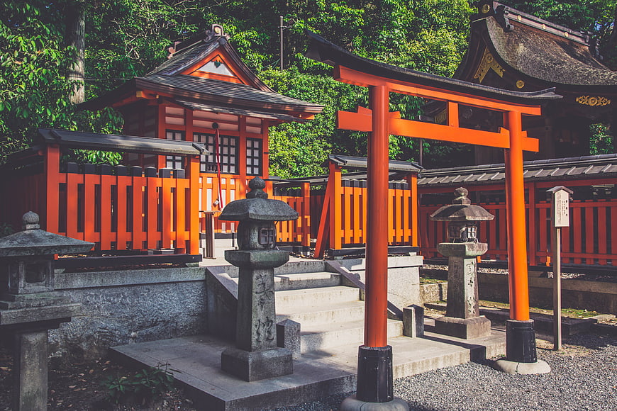 Traditional Japanese Shinto Shrine with Red Torii Gate