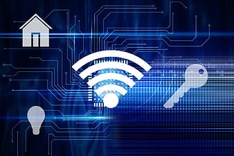 Smart Home Security Concept with Wi-Fi, Key, and Circuit Board Background