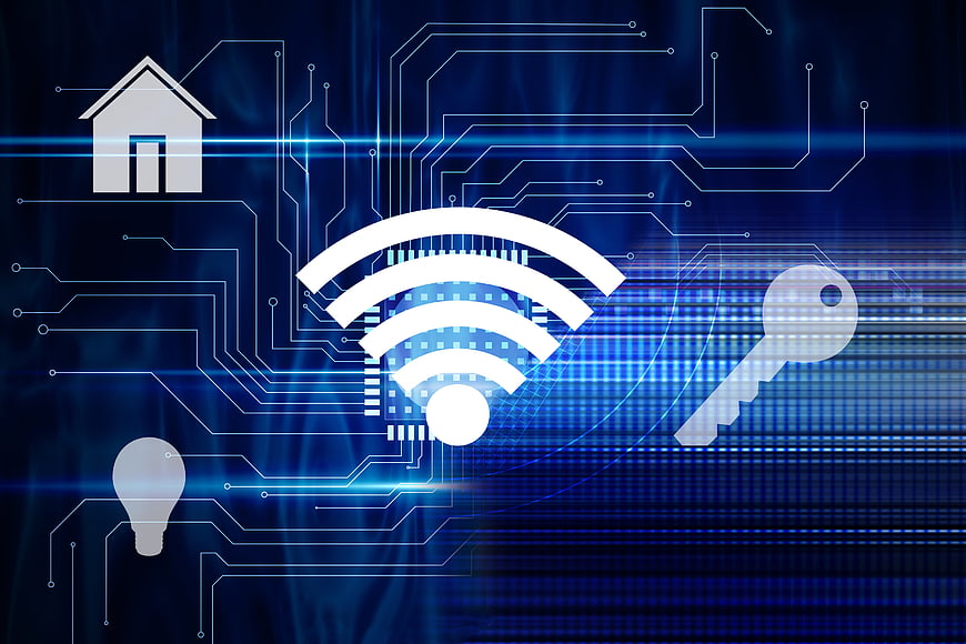 Smart Home Security Concept with Wi-Fi, Key, and Circuit Board Background