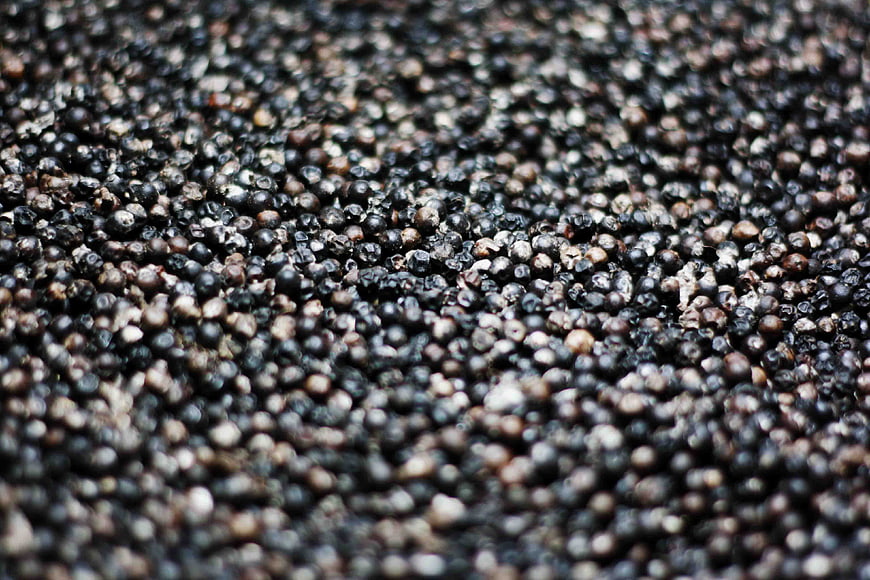 Close-up texture of black peppercorns with shallow depth of field
