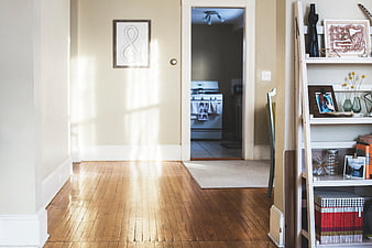 Sunlit hallway with hardwood floors and white ladder shelf