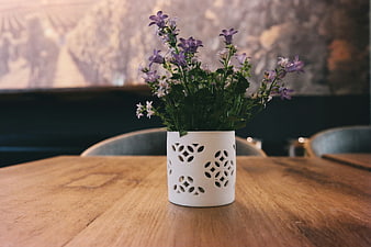 Purple flowers in white ceramic vase on wooden table