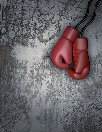 Red Boxing Gloves Hanging on Textured Concrete Wall