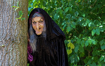 Witch Character Portrait Peeking From Behind Tree In Forest