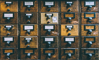 Vintage Wooden Card Catalog Drawers with Metal Handles
