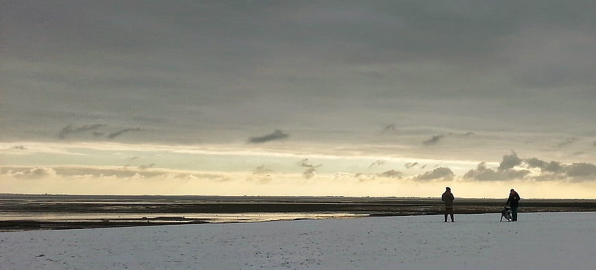 Two people walking a dog on a snowy beach at sunset