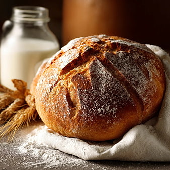 Freshly Baked Artisan Bread Loaf with Flour and Milk