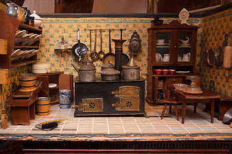 Antique Dollhouse Kitchen with Vintage Stove and Utensils