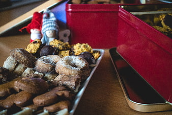 Traditional Christmas Cookies and Red Tin Gift Box