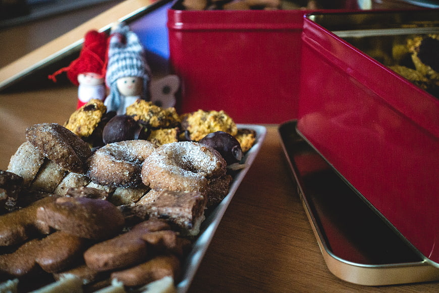 Traditional Christmas Cookies and Red Tin Gift Box