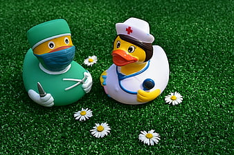 Cute Rubber Duck Doctor and Nurse Toys on Green Grass
