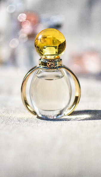 Luxury perfume bottle with golden cap on textured surface