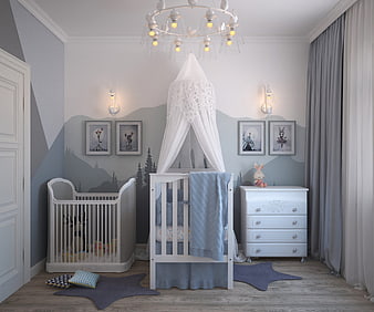 Modern Blue and White Nursery Interior with Mountain Wall Art