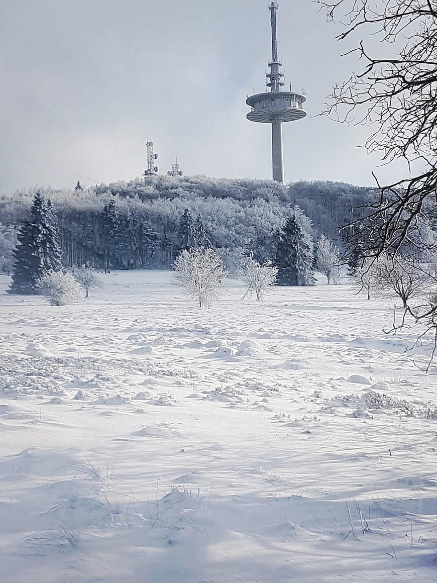 Snowy Winter Landscape with Tall Observation Tower