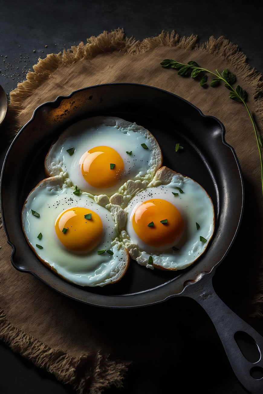 Sunny side up eggs in cast iron skillet top view